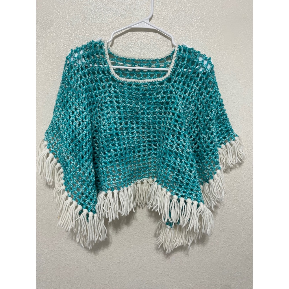 Unbranded Crochet Poncho Women One Size Teal White Excellent Boho Fringe Trim